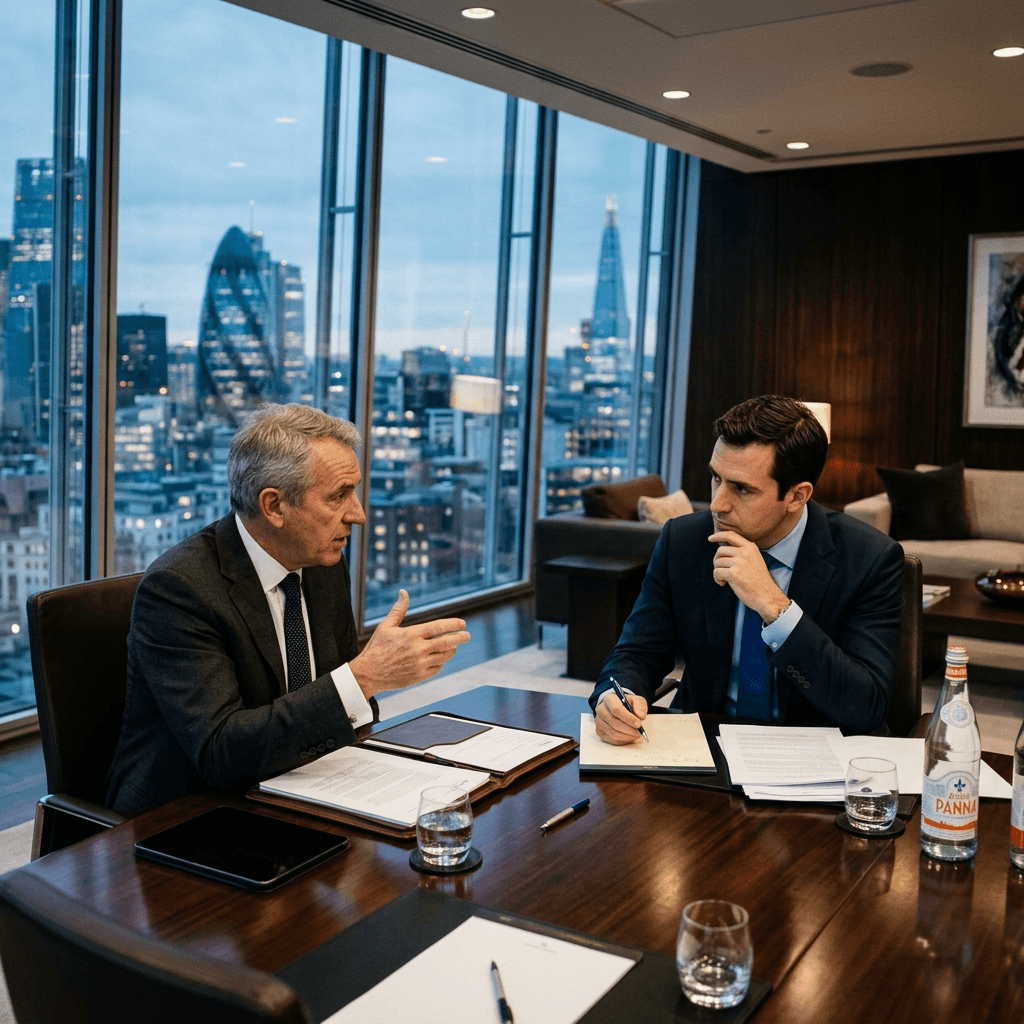 Duas pessoas em uma negociação, simbolizando o conflito como aprendizado e visão de longo prazo.